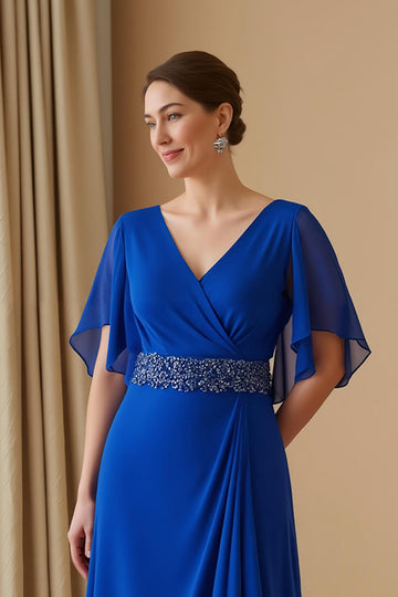 Szyfonowy rękaw z trzepotaniem Dekolt w szpic Linia Royal Blue Wedding Guest Dress z koralikami